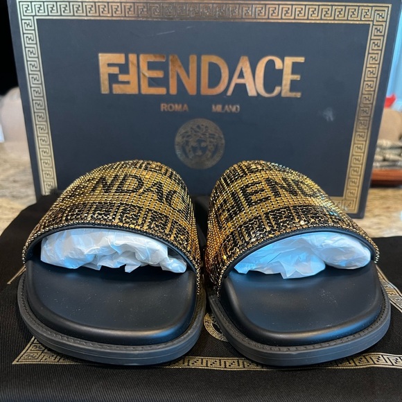 FENDACE Fendi x Versace Collab Gold Metal Mesh Black Pool Slides Rubber EU 40 main image 6